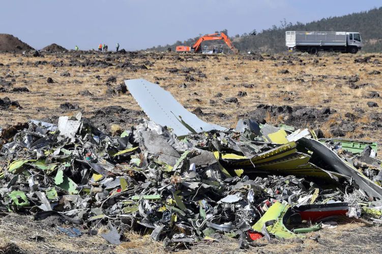 Pieces of the wreckage of an Ethiopia Airlines Boeing 737 Max 8 aircraft